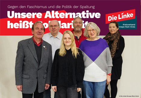 Kreisvorstand Die Linke Ennepe-Ruhr-Kreis v. Links n. Rechts: Jürgen Senge, Oliver Kalusch, Pauline Halbe, Ralf Huchtmeier, Ulla Weiß, Linda Voss