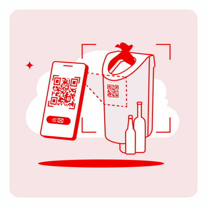 Die Grafik zeigt einen Mülleimer mit QR Code welcher mit einem Smartphone gescannt wird. Daneben steht Altglas. 